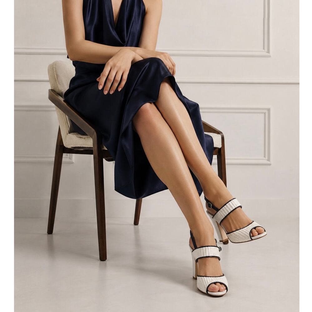 Manolo Blahnik White Raffia Navy Leather Open Toe High Heel Sandals 8.5